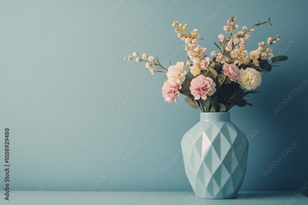 Obraz premium Elegant floral arrangement in three geometric vases against a textured gray wall