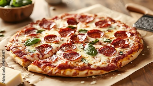 An appetizing view of a whole pizza laden with pepperoni slices and fresh basil leaves, emitting delicious aromas of freshly baked dough and cheese. photo