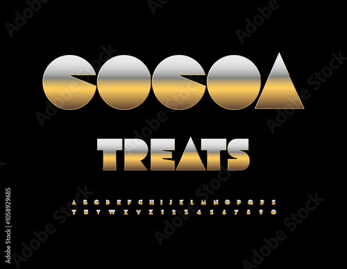 Vector elite emblem Cocoa Treats. Trendy Gold Font.Modern Alphabet Letters and Numbers set.