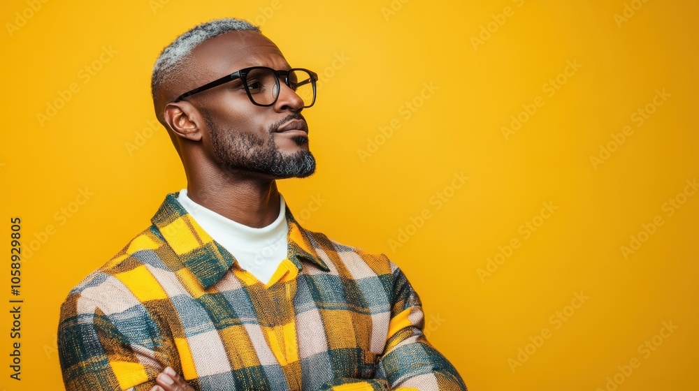 A captivating image of a man in a fashion-forward yellow plaid shirt, standing confidently against a vibrant yellow backdrop with crossed arms. A captivating image of a man in a fashion-forward yellow plaid shirt, standing confidently against a vibrant yellow backdrop with crossed arms.