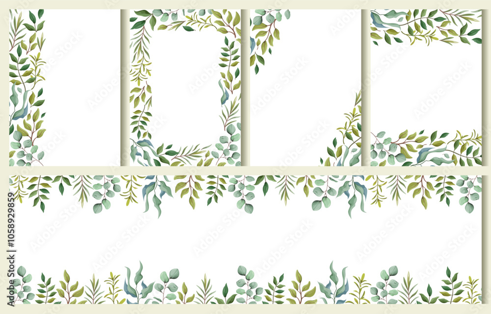 A set of green frames for weddings, greetings, wallpapers, fashion posters, backgrounds. Eucalyptus, green leaves, twigs. A set of green frames for weddings, greetings, wallpapers, fashion posters, backgrounds. Eucalyptus, green leaves, twigs.