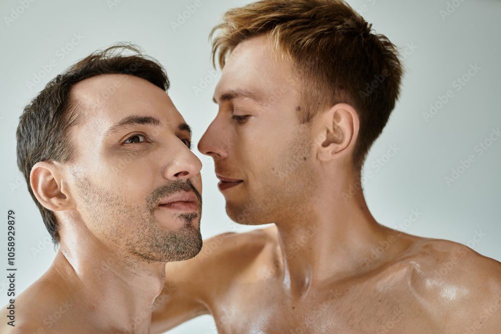 Fototapeta premium Two young men share a loving gaze, expressing affection in a warm and intimate atmosphere.