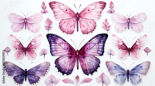 Watercolor butterflies in shades of pink and purple on a white background.