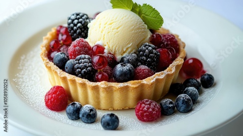 Close-up view of a dessert plate highlighting a delectable tart adorned with fresh berries and a scoop of creamy vanilla ice cream, presented with ample copy space on a white background.