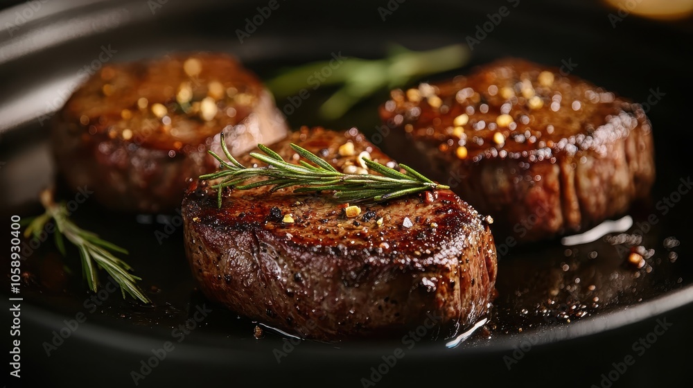 A close-up view of succulent grilled steaks expertly seared with a garnish of fresh rosemary sprigs, showcasing culinary perfection and appetite allure. A close-up view of succulent grilled steaks expertly seared with a garnish of fresh rosemary sprigs, showcasing culinary perfection and appetite allure.