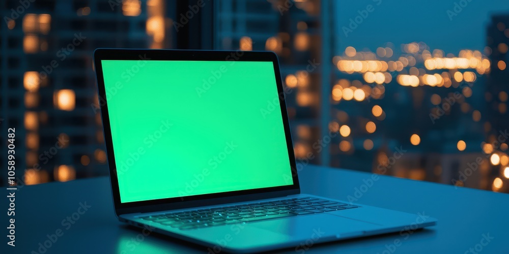 Modern laptop with a green screen on a table against a cityscape at night. Modern laptop with a green screen on a table against a cityscape at night.