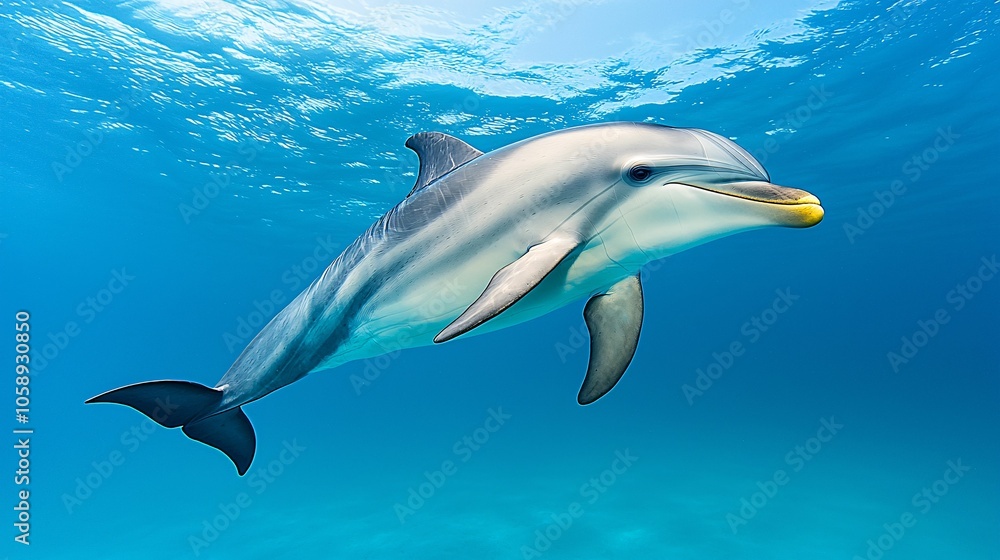 A dolphin swims gracefully through crystal-clear waters, showcasing its playful nature and streamlined body against the vibrant blue background. A dolphin swims gracefully through crystal-clear waters, showcasing its playful nature and streamlined body against the vibrant blue background.