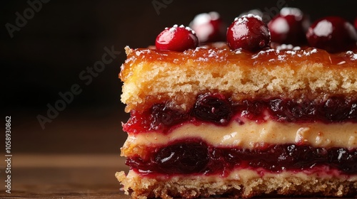 This decadent slice of cranberry cake features rich layers of fluffy cake interspersed with luscious cranberry filling, creating a sumptuous dessert experience. photo