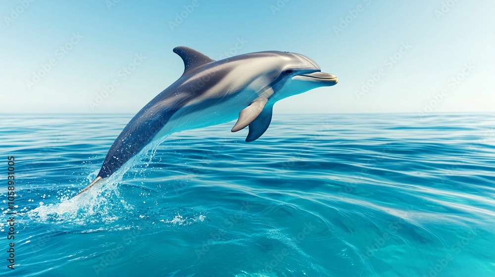 Fototapeta premium A dolphin leaps gracefully above the shimmering blue sea, capturing the beauty and playfulness of marine life in a vibrant, clear environment.