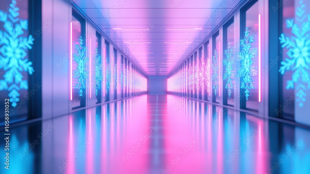Neon lights illuminate a long, reflective hallway adorned with snowflake decorations. Neon lights illuminate a long, reflective hallway adorned with snowflake decorations.