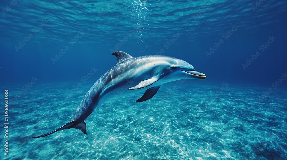 Obraz premium A dolphin gracefully swims through clear blue waters, surrounded by sunlight and bubbles, showcasing the beauty of marine life.