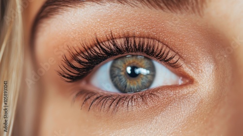 An extreme macro photograph focusing on a blue-green eye, capturing the intricate patterns of the iris and the fine details of the eyelashes and skin texture.