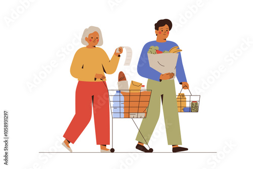 Mature woman and young man shopping groceries. Elderly female and caregiver volunteer go with cart and bags full of fresh food and drinks. Family buy products in supermarket and check expenses. Vector