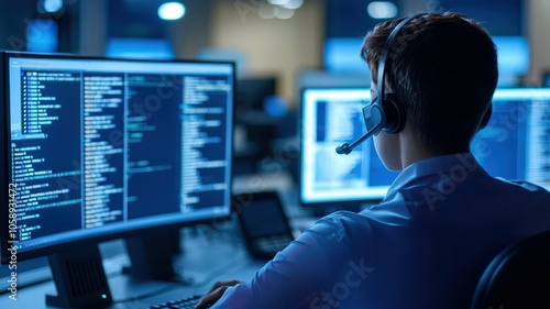 Wallpaper Mural Person working on computer with multiple screens in a modern tech environment. Torontodigital.ca