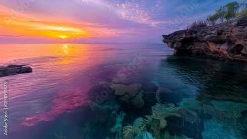 Stunning coastal sunset over calm sea with clear underwater coral view. For travel and tourism ads. For wellness and mindfulness content