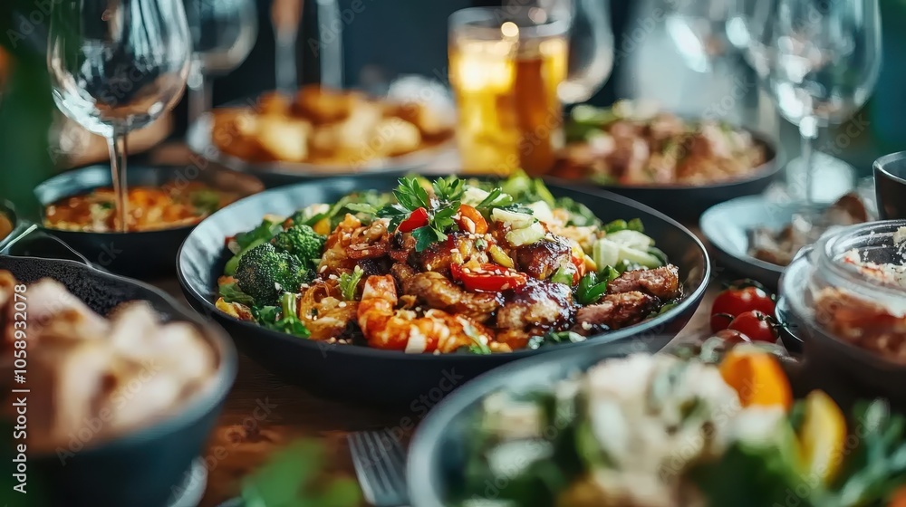 An elegant ensemble of meat and vegetable dishes served in a sophisticated setting, emphasizing a gourmet dining experience with rich flavors. An elegant ensemble of meat and vegetable dishes served in a sophisticated setting, emphasizing a gourmet dining experience with rich flavors.