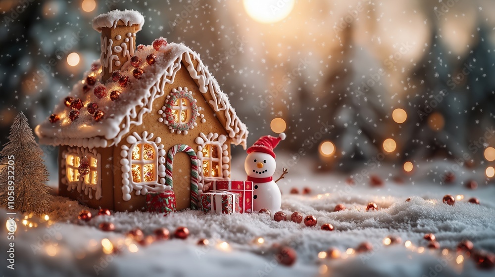 A cozy gingerbread house adorned with icing and festive decorations, sits in snowy surroundings. A cheerful snowman and presents add holiday charm