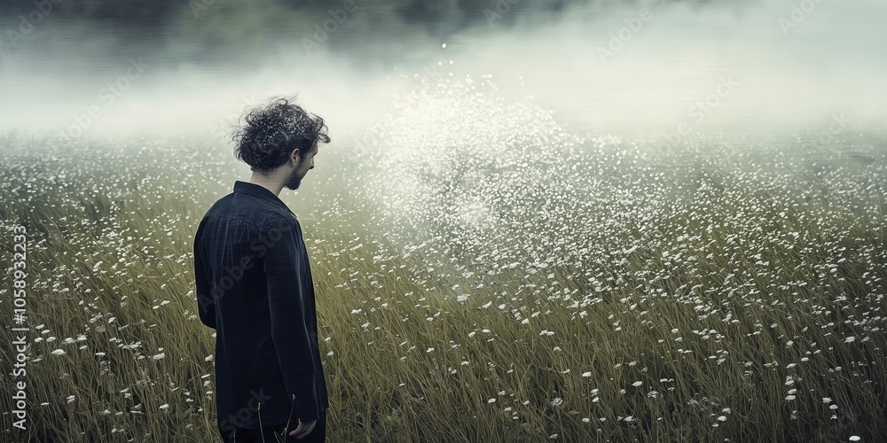 Obraz premium A man stands alone in a field of wildflowers, with a moody atmosphere suggesting introspection and contemplation.