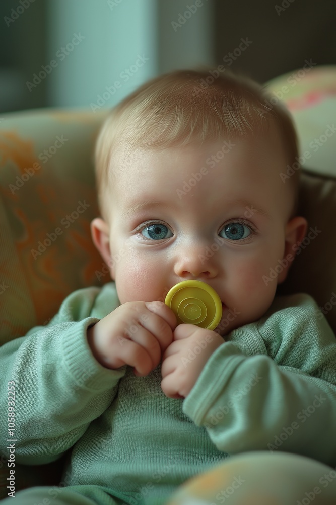 Close-up of a baby holding a pacifier, captured indoors. Bright light gently highlights the child's facial features. Close-up of a baby holding a pacifier, captured indoors. Bright light gently highlights the child's facial features.