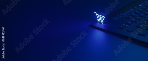 Digital shopping cart on a laptop symbolizes online shopping and e-commerce.