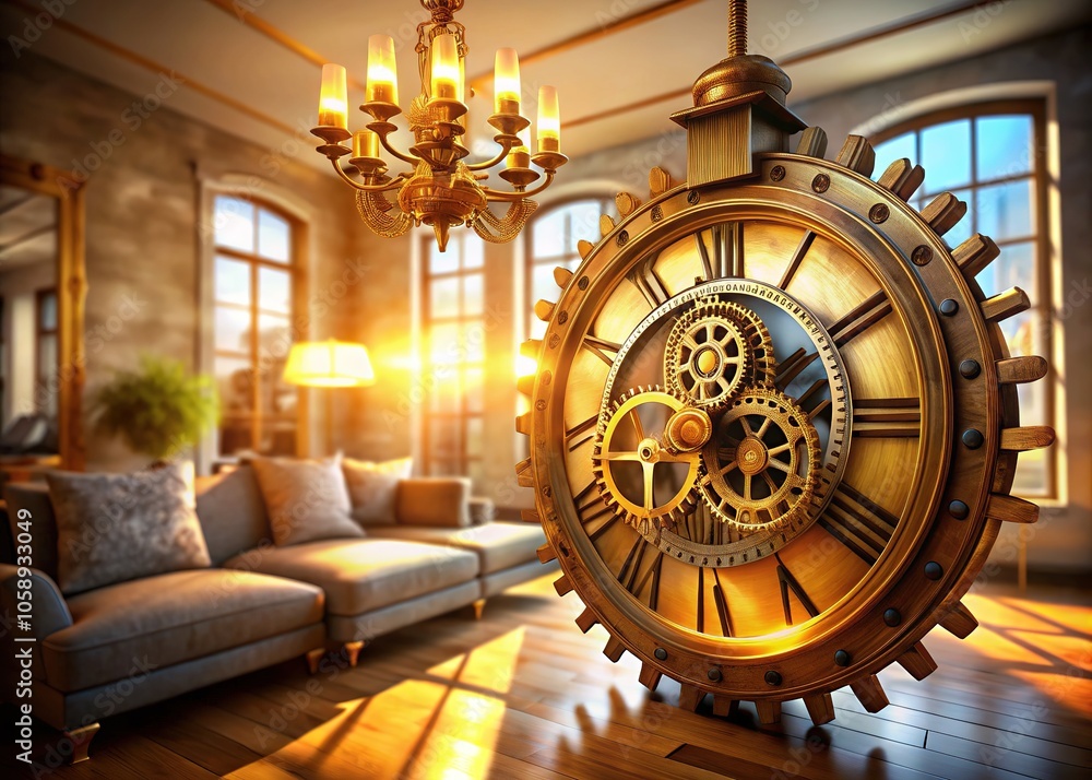 Obraz premium Surreal Clock Fusion: Antique Timepiece Floating in Modern Living Room