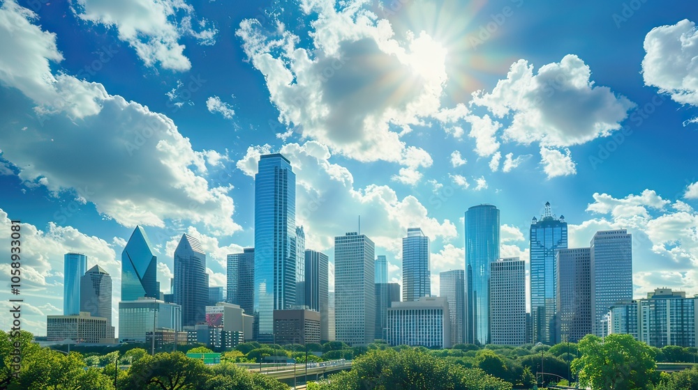 Fototapeta premium A sunny day in the city, with skyscrapers standing tall against a backdrop of scattered clouds.