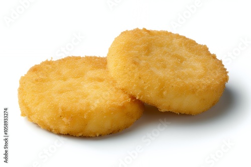 Two golden brown, crispy, round, breaded, cheese patties isolated on white background.