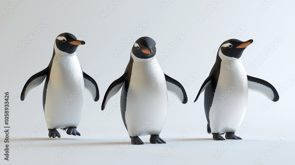 Fototapeta premium Three Charming Penguins Waddling in Harmony on a Minimalist Backdrop