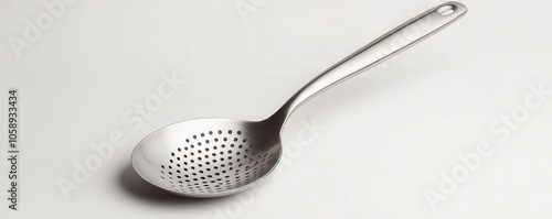 a ladle with holes, kitchen utensil, realistic illustration, stainless steel, isolated on white background