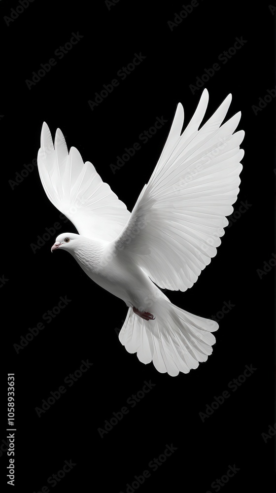 White Dove in Flight Symbol of Peace and Hope Isolated on Black Background White Dove in Flight Symbol of Peace and Hope Isolated on Black Background