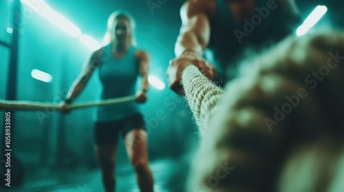 A determined woman in a gym setting fiercely pulls a thick rope, showcasing her strength and endurance in an intense tug-of-war style exercise session. photo