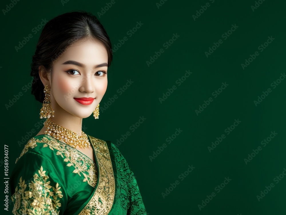Vibrant and Elegant Thai Woman in Traditional Green Dress with Ornate Jewelry Vibrant and Elegant Thai Woman in Traditional Green Dress with Ornate Jewelry