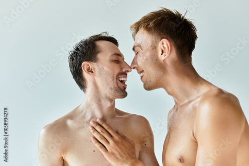 Two young men share a joyful and intimate moment, showcasing their love and happiness together.