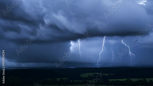 4K Dark lightning clouds rainy day landscape atmosphere stormy sky climate meteorology cloud global warming wind thunderstorm storm weather flash light thunder dramatic danger background rain nature 