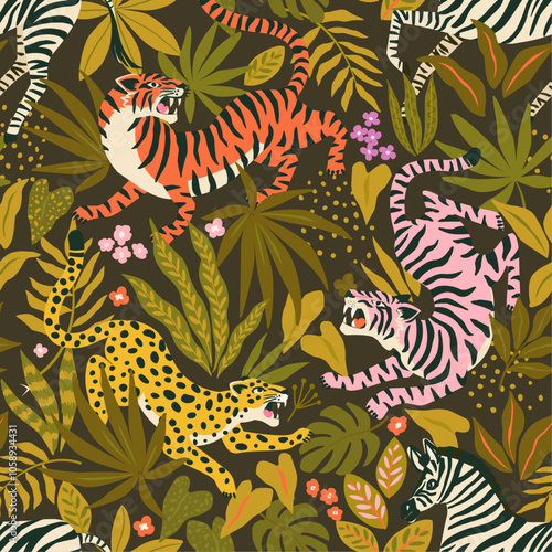 Wild tigers, leopards and zebra on tropical plants flower background. Safari animal print. Fashionable fabric design.Vector seamless pattern. 