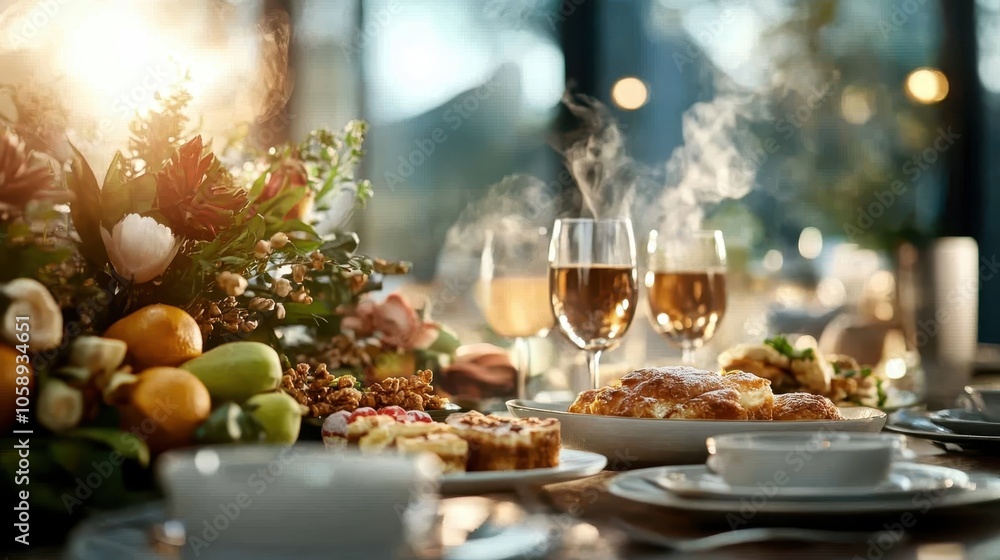 A beautifully set dinner table featuring elegant dishes, steaming hot meals, floral decorations, and sparkling wine glasses illuminated by soft ambient lighting. A beautifully set dinner table featuring elegant dishes, steaming hot meals, floral decorations, and sparkling wine glasses illuminated by soft ambient lighting.