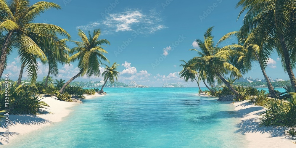 A tranquil tropical scene features a peaceful turquoise lagoon encircled by palm trees, set against a white sandy beach beneath a bright, clear blue sky. A tranquil tropical scene features a peaceful turquoise lagoon encircled by palm trees, set against a white sandy beach beneath a bright, clear blue sky.