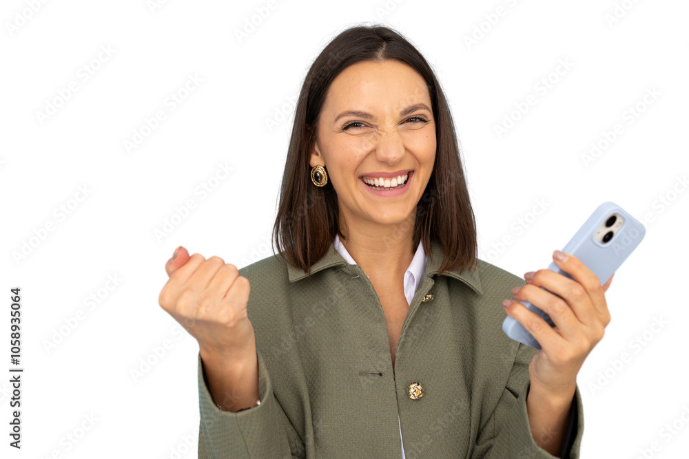 Confident woman in business attire holding phone Confident woman in business attire holding phone