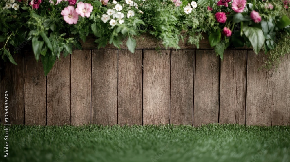 Fototapeta premium A charming, colorful floral arrangement beautifully decorates the area beside a rustic wooden fence, enhancing the outdoor space with nature's vibrant touch.