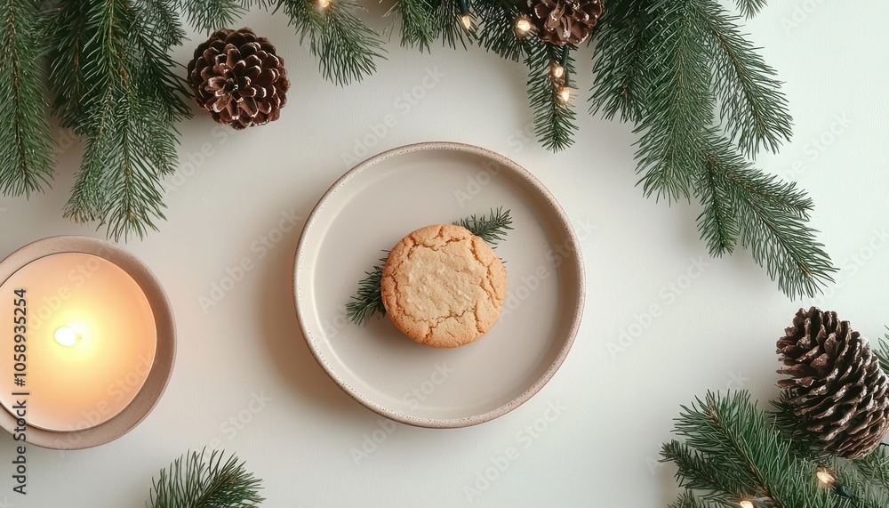 A simple and elegant Christmas table with a single plate holding a festive cookie, surrounded by a minimalist arrangement of pine sprigs, pinecones, and a softly lit candle. A simple and elegant Christmas table with a single plate holding a festive cookie, surrounded by a minimalist arrangement of pine sprigs, pinecones, and a softly lit candle.