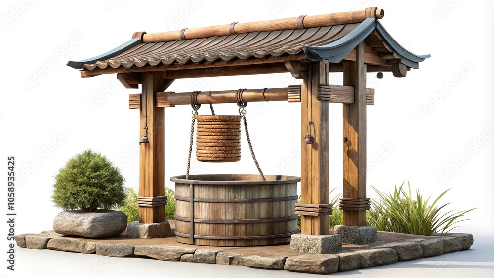 Traditional Chinese Water Well with Pulley and Bucket - Isolated on White Background Traditional Chinese Water Well with Pulley and Bucket - Isolated on White Background