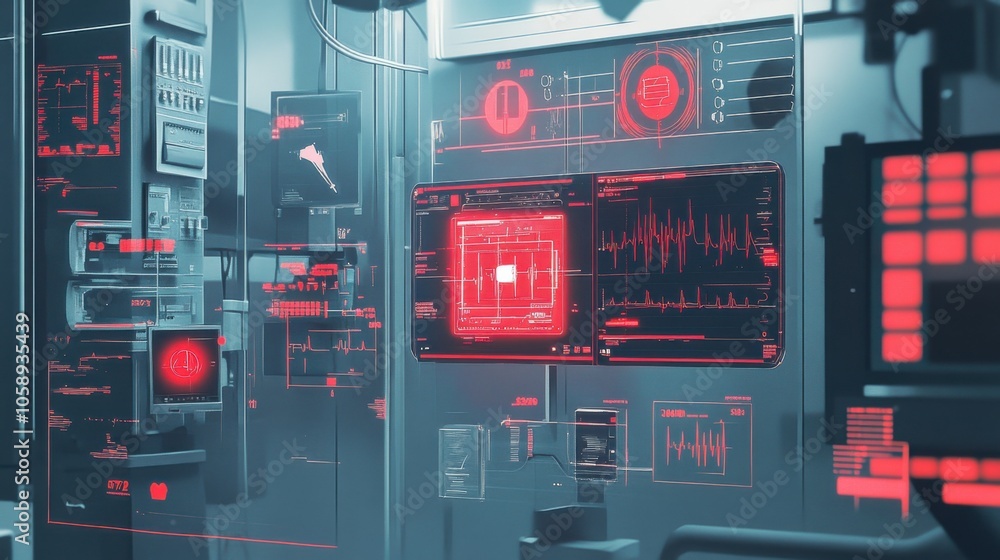 The concept of AI in ICU Patient Monitoring in muted gray and red colors The concept of AI in ICU Patient Monitoring in muted gray and red colors