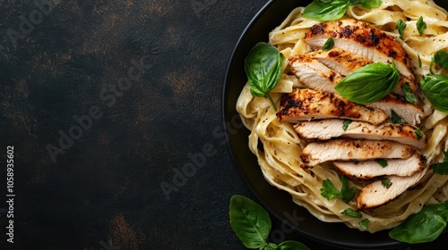 Aerial view of a delectable fettuccine Alfredo dish topped with perfectly grilled chicken and garnished with fresh basil leaves, perfect for a culinary magazine. photo