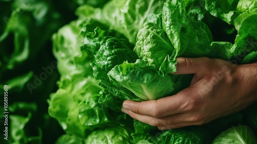 A close-up image showing a hand holding fresh green lettuce, highlighting a personal connection to natural farming, freshness, and sustainable living. photo