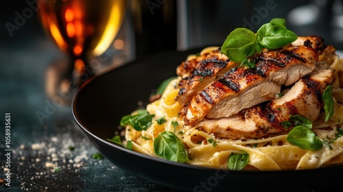 Gourmet dish with succulent grilled chicken slices over creamy fettuccine pasta, garnished with fresh basil leaves, creating a mouth-watering gourmet experience. photo