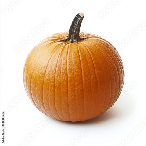 Vibrant orange pumpkin against a crisp white background showcasing its textured surface and curved stem