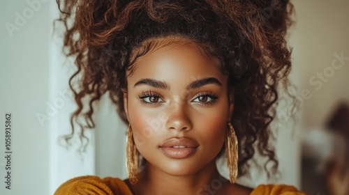 A woman with voluminous curly hair and large gold loop earrings, exuding a sense of style and sophistication, and capturing the essence of modern urban fashion. photo