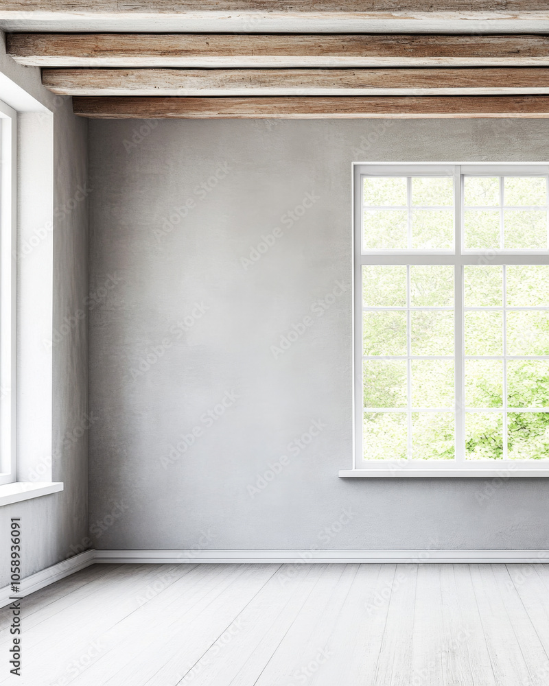 Fototapeta premium Bright and airy empty room with large windows and wooden beams in a serene setting