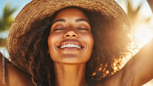 A joyful woman wears a wide straw hat, basking in the warm sunlight, symbolizing freedom and happiness, her expression full of life and contentment outdoors. photo