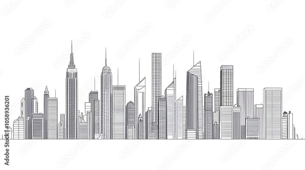 Minimalist Line Drawing of Architectural Cityscape on White Background Minimalist Line Drawing of Architectural Cityscape on White Background